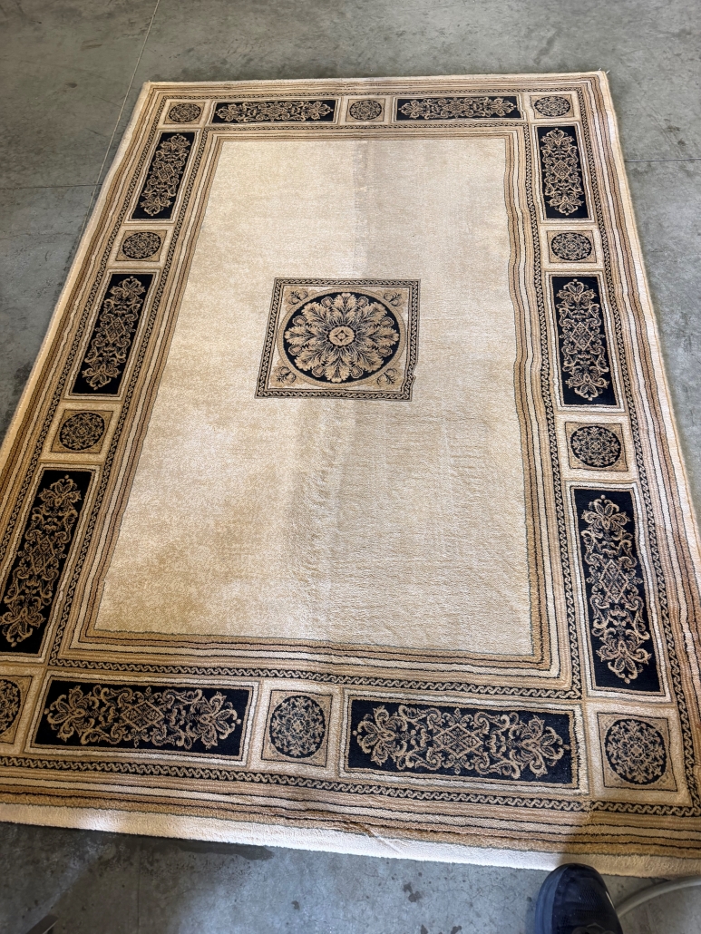Rug showing cleaned side and uncleaned side