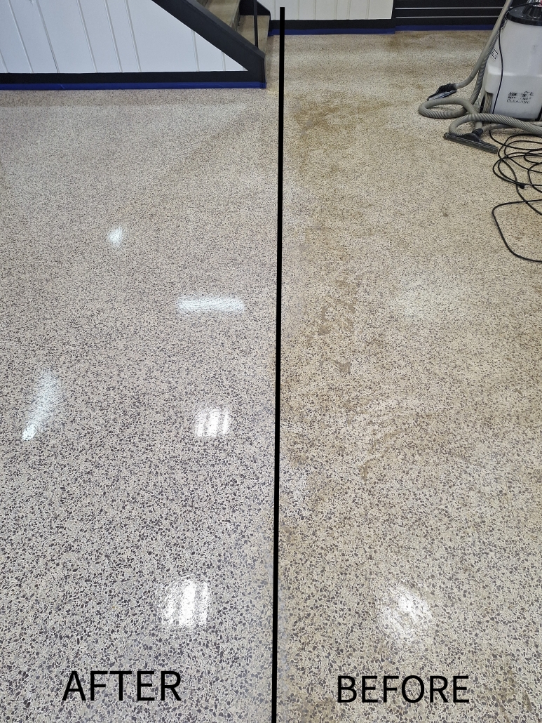 Image showing Terrazzo flooring after professional hard surface cleaning, and before cleaning was done. Floor was stripped, buffed & polished before a sealant was applied.